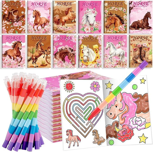 BenLouis 12 Horse Floral Mini Coloring Books Kids with 12 Stacking Crayons Cowgirl Party Favors Small Activity Books Bulk for Kids Girls Horse Racing Flower Party Gift Goodie Bag Stuffers