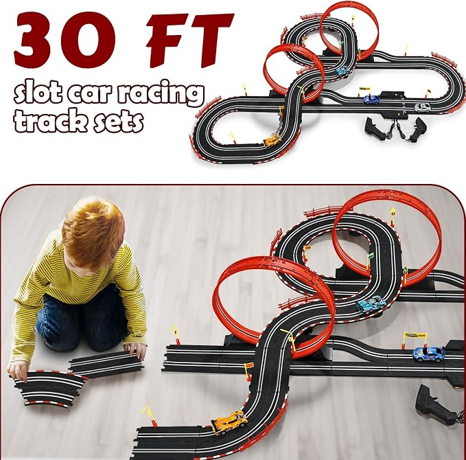 30 FT Slot Car Race Tracks Sets Toys for Ages 8-10 -1:43 Dual Race Car Track with 4 Slot Cars, 2 Hand Controllers, Christmas, Birthday Gift Toys for Ages 8-13