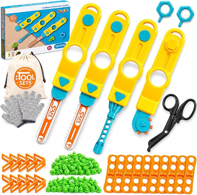 Cardboard Tools for Kids, 129 PCS Cardboard Construction Kit, Kids Building Set with Safe Serrated Cutter, Crease Roller, Screws & Nuts, Creative STEM Educational Toys Gift for Boys and Girls Age 5+