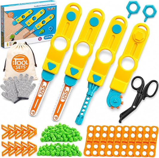 Cardboard Tools for Kids, 129 PCS Cardboard Construction Kit, Kids Building Set with Safe Serrated Cutter, Crease Roller, Screws & Nuts, Creative STEM Educational Toys Gift for Boys and Girls Age 5+
