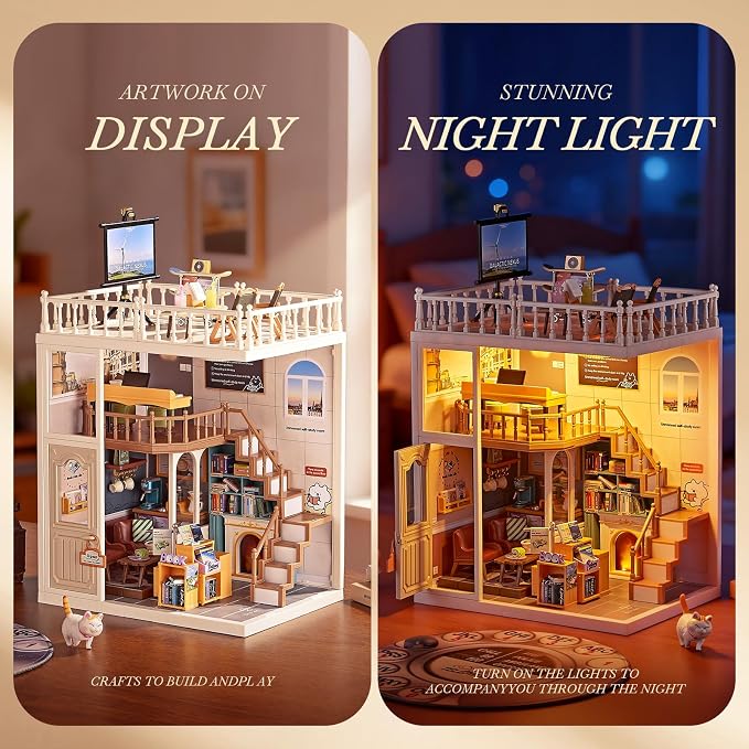 DIY Miniature Book Nook House Kit for Kids 8+ - Library Bookstore Study Room with Coffee Room, Bookshelves, Rooftop Terrace Relax Area, Tiny Play Set Building Craft for Children