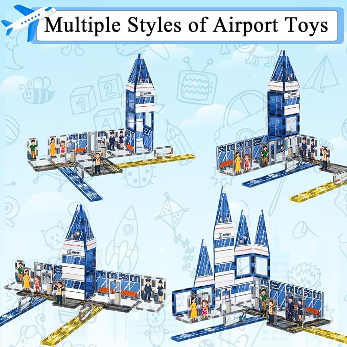 AFUNX Magnetic Tiles, 54PCS Airport Theme Building Blocks Set, Magnet Building Blocks and STEM Preschool Educational Toys for Kids Toddlers Ages 3-5 5-7 8-10