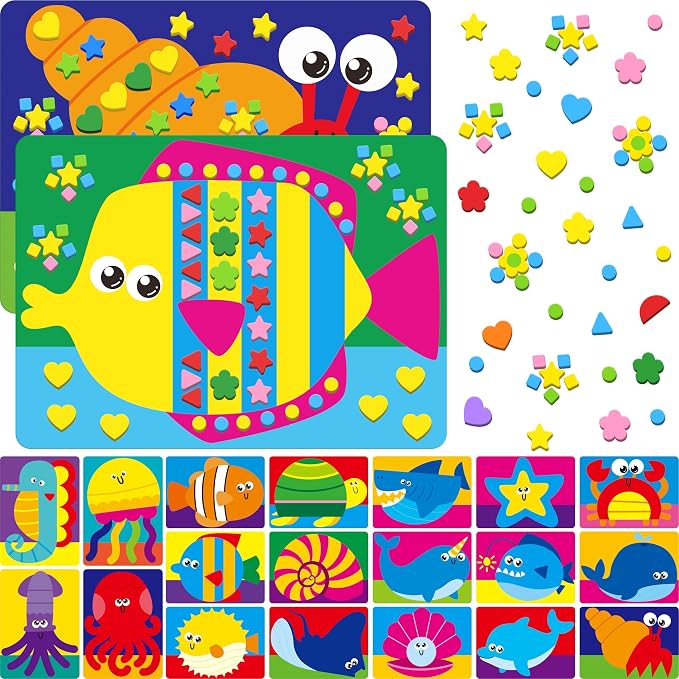SpriteGru Foam Sticker Art Activity, 20 Marine Animals with 1660 Foam Stickers in 10 Colors Fun with DIY Activity Craft Kits Travel Game for Kids, Boys & Girls