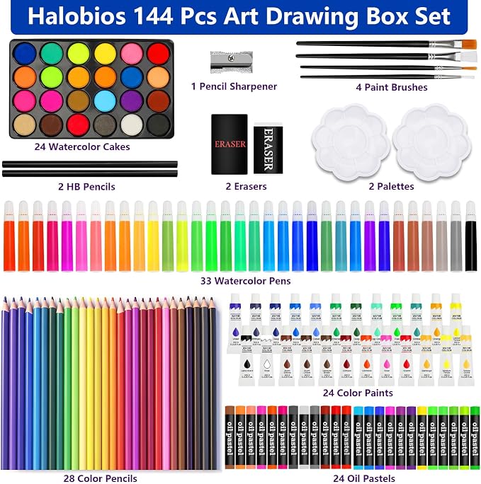 Halobios Art Supplies, 144-Piece Deluxe Art Set Professional Art Kit with Portable Aluminum Case, Crafts Drawing Painting Kit for Gifts Adults Kids Artists