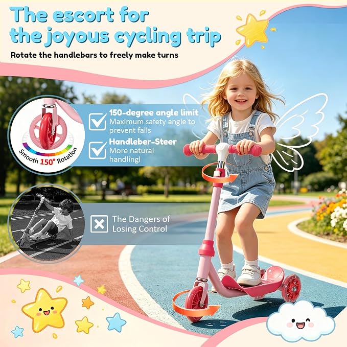 Three Wheel Scooter for Kids 2-5, Light Up Princess Scooters with Handleber-Steer, Adjustable Height Kick Scooters for Boys & Grils, Indoor and Outdoor Use