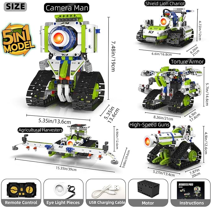 5-in-1 STEM Programmable Robotics Kit with Remote and App Control & Three-Color Changing LED Lights - Educational Building Toys for Kids Ages 8-12, Ideal Birthday, (337 PCS)