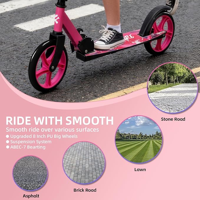 FREEDARE Kick Scooter for Kids & Adults Ages 8+, Foldable Teen Scooter with 2 Big 8-inch Wheels and 4-Level Adjustable Handlebar, Max Load 220 LBS
