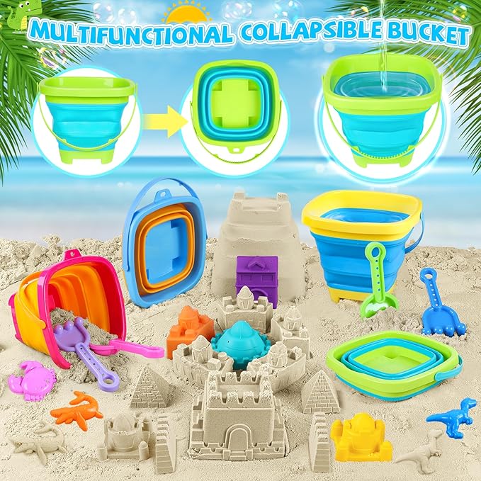 FHOZGECY Beach Sand Toys, 4 Construction Vehicles, 4 Collapsible Buckets, Sand Castle Molds with Travel Mesh Bags, Sandbox Play Set for Kids Ages 3-12, Multi‑Scene Play for Outdoor Summer Beach Games