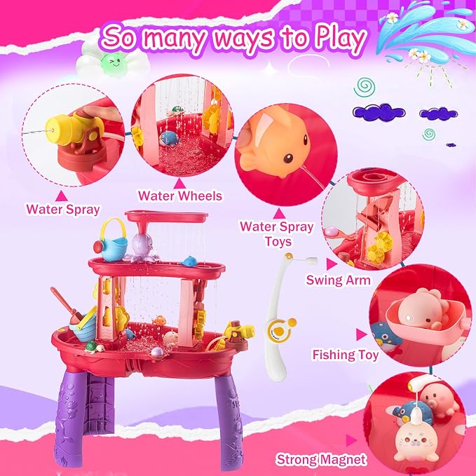VROGTIK Water Table for Toddlers 3-5, Kids Sand Water Table with Fishing Game Set, Sensory Play Table Toys for Outdoor Pool Beach Backyard Summer Birthday Gift for Girls Outside Toys for Toddler