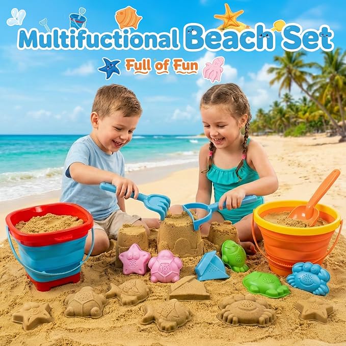 Beach Sand Toys Set for Toddlers, Portable Travel Beach Toys with 2 Collapsible Buckets, 2 Shovels, 2 Rakes, 6 Molds & Mesh Storage Bag for Kids, Summer Gift