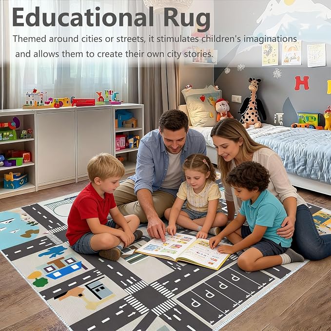 Car Rug Play Mat Road Rug,Kids Carpet Playmat Rugs City Life Great for Playing with Cars and Toys,Children Educational Race Track Rugs with Non-Slip Rubber Backing for Playroom Bedroom Classroom
