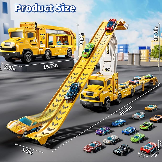 3-in-1 Kid Carrier Truck Toy Car Tracks for Toddlers 2-4 Years Old with 12 Racing Cars Toys, Foldable Chasing Race Track and Car Garage, Car Ramps Birthday Gift for Boys Girls 3-5 4-8(Yellow)