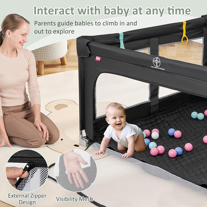 INFANS Foldable Baby Playpen with Mat, 59” x 59” Large Baby Play Yard for Infant with 50 Ocean Balls, 4 Handlers, Carry Bag, Indoor Outdoor Fence Toddler Activity Center (Black, 59” x 59”)