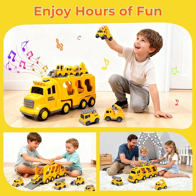 Construction Toy Trucks with 6 Construction Vehicles, Sound Light Transport Carrier Truck Construction Toys for Kids 3-5-7, Toddler Boy Toy for 3 4 5 6 7+ Year Old Boy Birthday Gifts Christmas