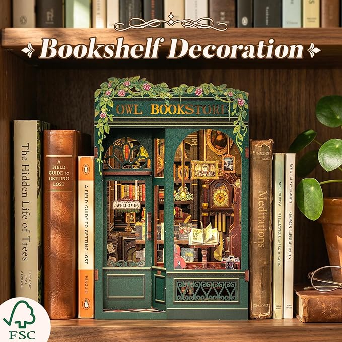 CUTEBEE Book Nook Kit - DIY Miniature House Kit for Adults, Teens and Beginners, Dollhouse Booknook Library Tiny House Bookshelf Decor 3D Wooden Puzzle, Gifts for Family, Friends (Owl Bookstore)