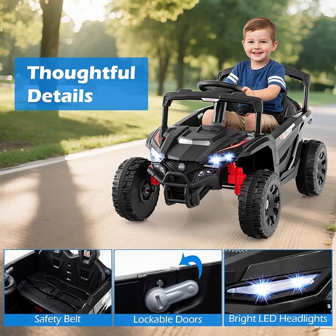 Costzon 12V Kids UTV Ride On Car, Battery Powered Electric Vehicle with Remote Control, 3 Speeds, LED Lights, Music, Horn & Spring Suspension, Off-Road UTV for Boys & Girls 3+ Years Old (Black)