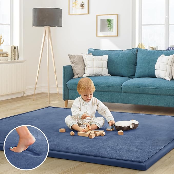 Baby Play Mat for Floor Nursery Rug Muscle Mat Area Rug Playroom Rug 47"x47" Playpen Mat Elastic Foam 1.3" Thick Crawling Mat for Babies,Toddlers, Infants, Kids,Sapphire Blue