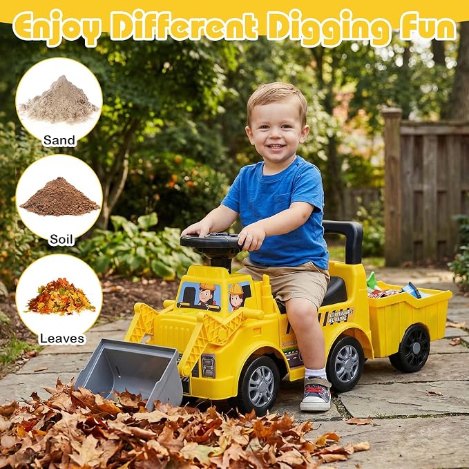 Costzon Ride on Excavator, Kids Tractor Digger Bulldozer Push Car w/Shovel, Detachable Trailer, Under-Seat Storage, DIY Stickers, Sit and Scoot Ride on Toy, Construction Car for Toddler 18+ Months