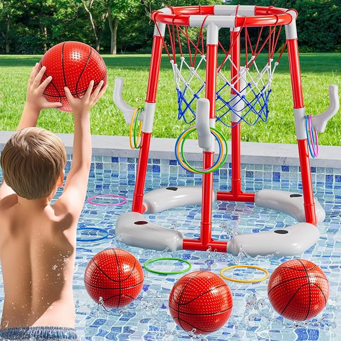MSKOLER Pool Basketball Hoop Toys - 2 in 1 Floating Pool Toys with 4 Balls and Inflatable Pump, Indoor Outdoor Water Basketball Swimming Pool Games Gifts Toys for Kids Ages 4-8 8-12