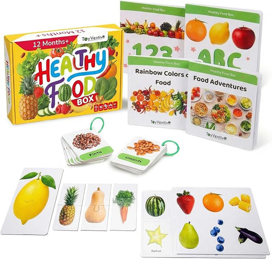 TOYVENTIVE Preschool Learning Activities – Montessori Toddler Toys with Educational Flashcards, Matching Games and Food-Themed Activity Cards for Early Skills, Visual Recognition – Ages 1 & 2