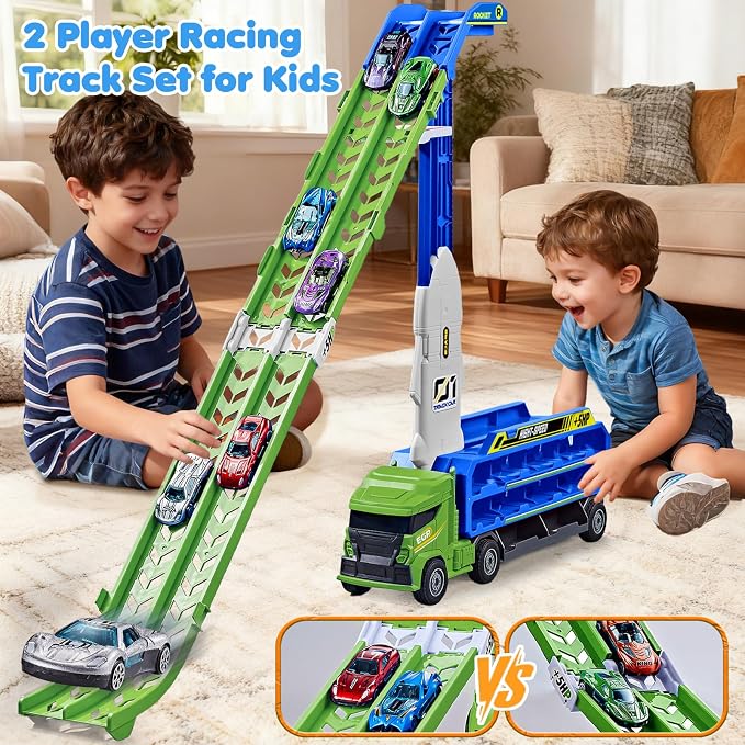 Race Track Truck Toys for 3 4 5 6 Years Old Kids - Carrier Truck Transport Car with 6 Die-Cast Cars Toys, 4-in-1 Truck with 2 Foldable Race Tracks, Christmas Birthday Gifts Toy for Toddler Boys, Cyan