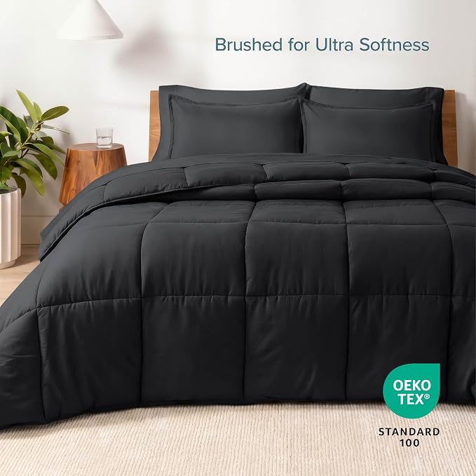 Bare Home Bed-in-A-Bag 5 Piece Comforter & Sheet Set - Twin XL - Goose Down Alternative - Ultra-Soft 1800 Premium Bed Set (Twin XL, Black/Black)