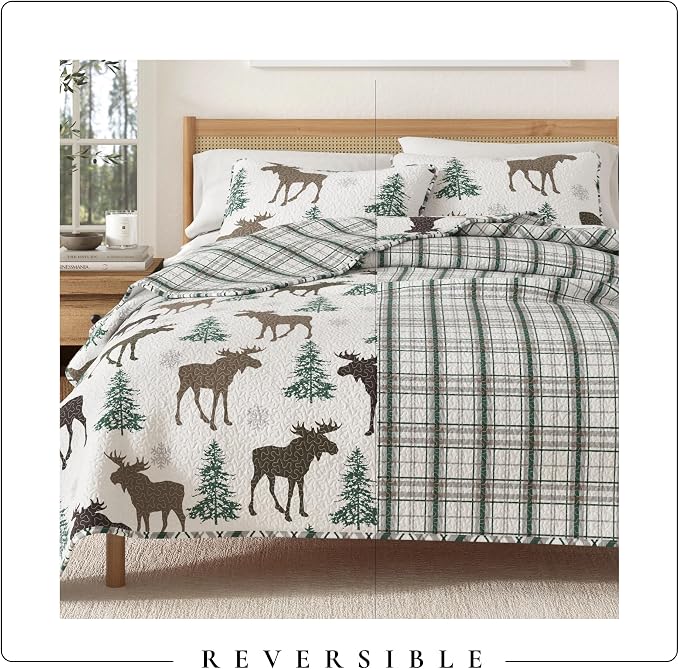 Great Bay Home Lodge Quilt Set - 2-Piece Twin/Twin XL Size Rustic Bedding Set - Lightweight, All-Season, Reversible Bedspread (Moose - Chocolate)