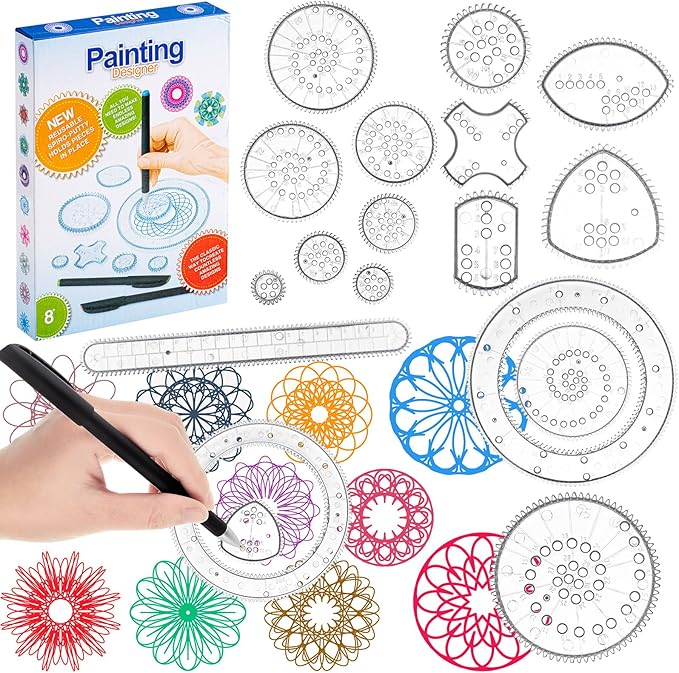 Chivao Spiral Art Kit Circle Stencils Drawing Tool Gear Geometric Ruler Circle Template Drawing Kit Plastic Spiral Curve Stencils with Pens Paper for Back to School Gifts DIY Crafts Sketch(Classic)