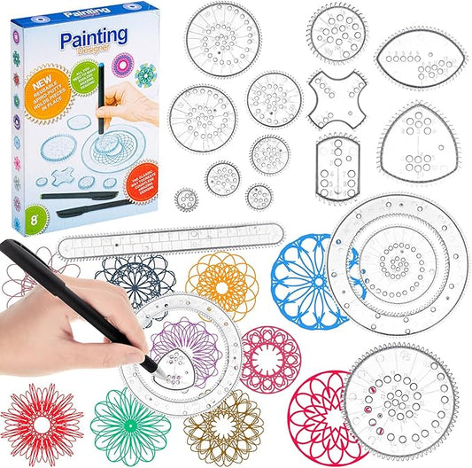 Chivao Spiral Art Kit Circle Stencils Drawing Tool Gear Geometric Ruler Circle Template Drawing Kit Plastic Spiral Curve Stencils with Pens Paper for Back to School Gifts DIY Crafts Sketch(Classic)
