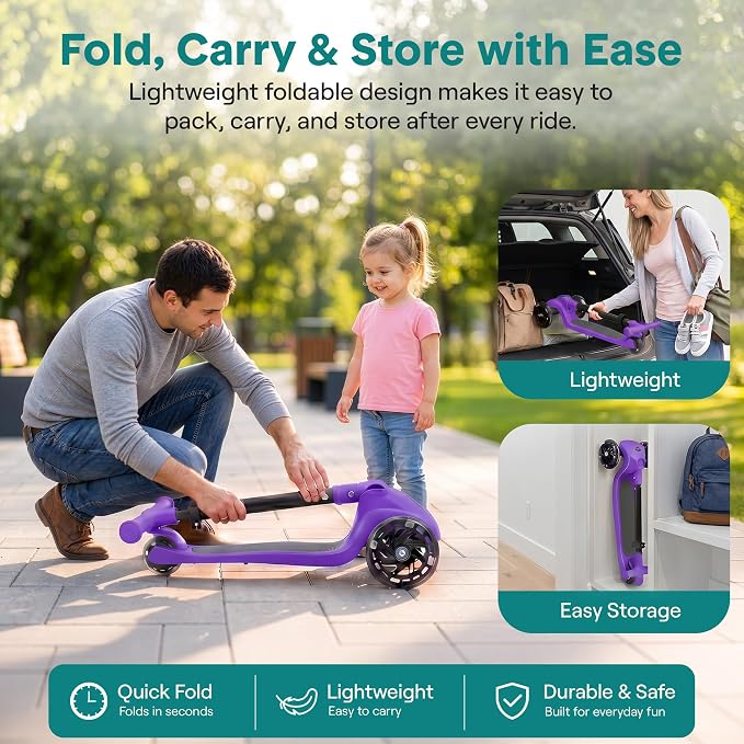 SereneLife Toddler Scooter, Adjustable Micro Scooter for Ages 2-5, Lightweight Kids 3 Wheel Design with LED Light-Up Wheels, Anti-Slip Deck & Lean-to-Steer Control, Indoor/Outdoor Use (Purple)
