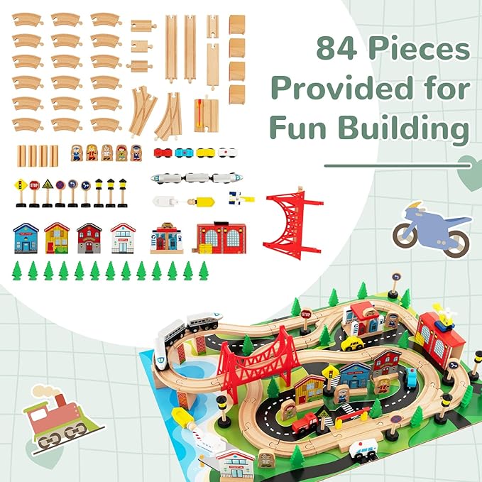 INFANS Train Table, 80 Pieces Wooden Kids Activity Toy Table Playset with Reversible Detachable Tabletop, Tracks, Train, Railway, City, Gift for Toddler Boys Girls Ages 3+ (32.5" x 23.5" x 16")
