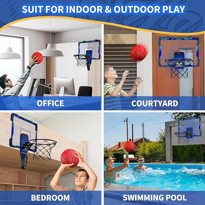 HYES Mini Basketball Hoop Indoor, Over The Door Basket Ball Hoop with 7 LED Lighting/Scoreboard/3 Modes/Foldable Rim, Wall Basketball Toy, Sport Decor Gifts for Kids Adult for Bedroom/Office (Blue)