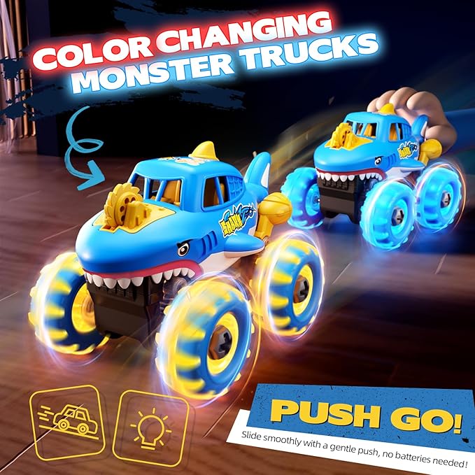 4 Pack Monster Truck Toys for 2 3 4 5 6 7 Year Boys, Light-Up Car Toys with Light-Up Wheels, Take Apart Toys Trucks for Toddler Toys 2-3, Birthday for Toddler Boys Ages 2-4