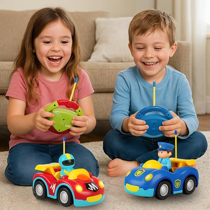 Liberty Imports My First Cartoon RC Remote Control Cars for Toddlers Ages 1-3, Radio Control Toy for Baby, Kids 18 Months+ (Race Car + Police Car)