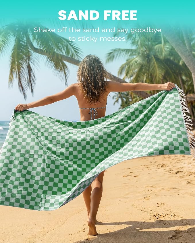 2 Packs Checkered Plaid Beach Sarong Turkish Towel Pareo Women Boho Swimsuit Coverup Maxi Bikini Cover Up Swim Tie Skirts Bath Suit Cruise Carnival Ship Essentials Packing List Accessories Vacation