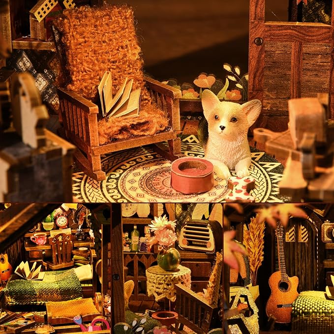 Book Nook Kit, DIY Miniature House Dollhouse Kit 3D Puzzle for Adults | Booknook Bookend Bookshelf Decor Tiny House Model Build with Puppy Diorama, Gifts for Family and Friends