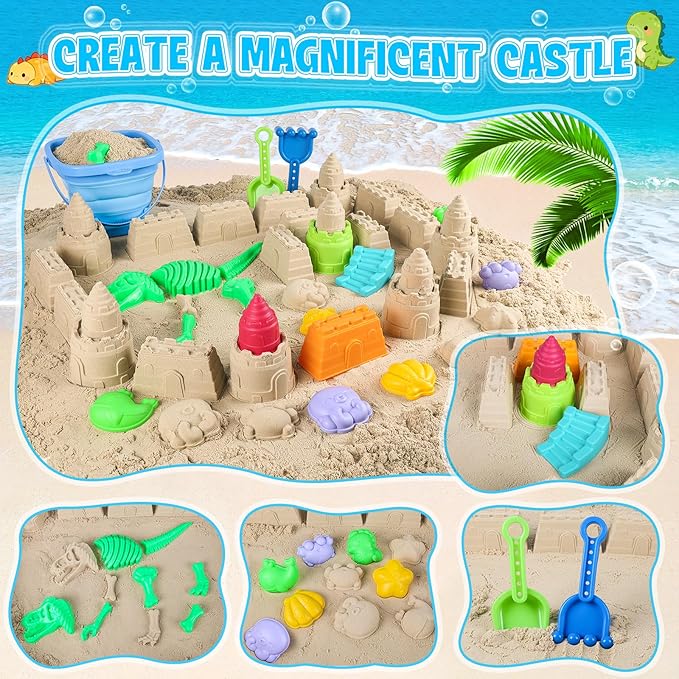 ERHAlCAT Beach Sand Toys, Dinosaur Fossil Molds, Sandbox Toys with Collapsible Bucket, Sand Castle Building Kit, Shovel, Rake and Mesh Bag, Outdoor Summer Travel Toys for Kids Ages 3-12