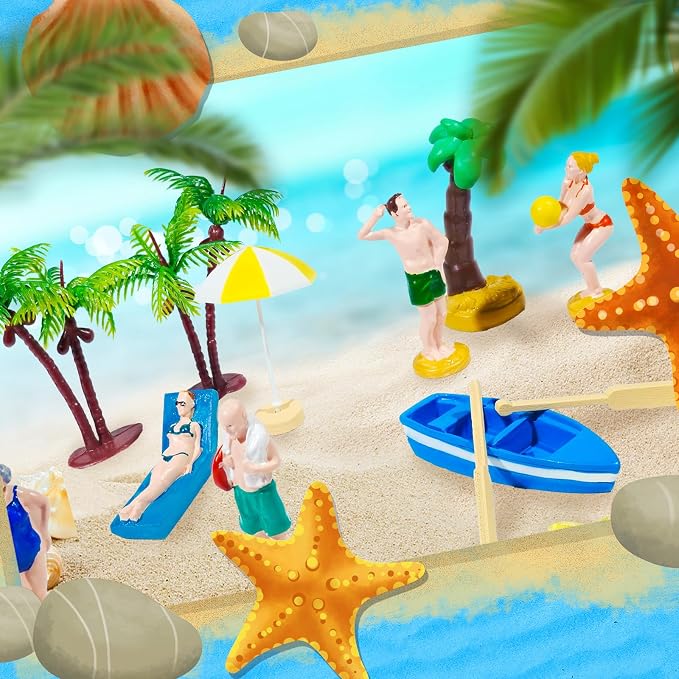 Warmtree 22PCS Beach Mini House Decoration Ocean Diorama Kit for DIY Beach Pool Cake Decorations Miniature Garden Summer Beach Swimming Party Favor Supplies