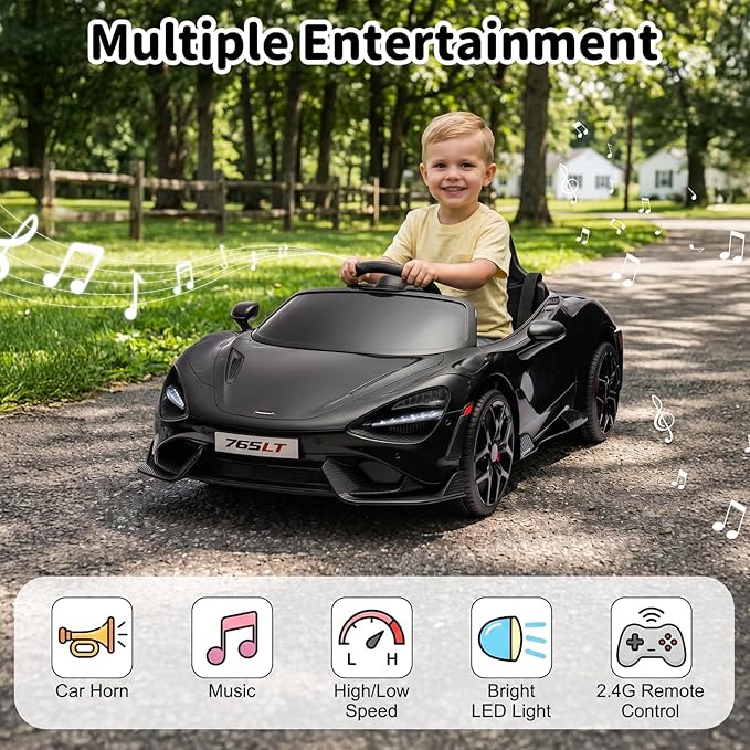 Kids Ride-on Car Licensed McLaren765LT for 3-6Years Old, Electric car 12V Battery Powered Electric Vehicle, w/Parent Remote, Music Player, LED Lights, Smooth Start, 3 Speeds, (Black)