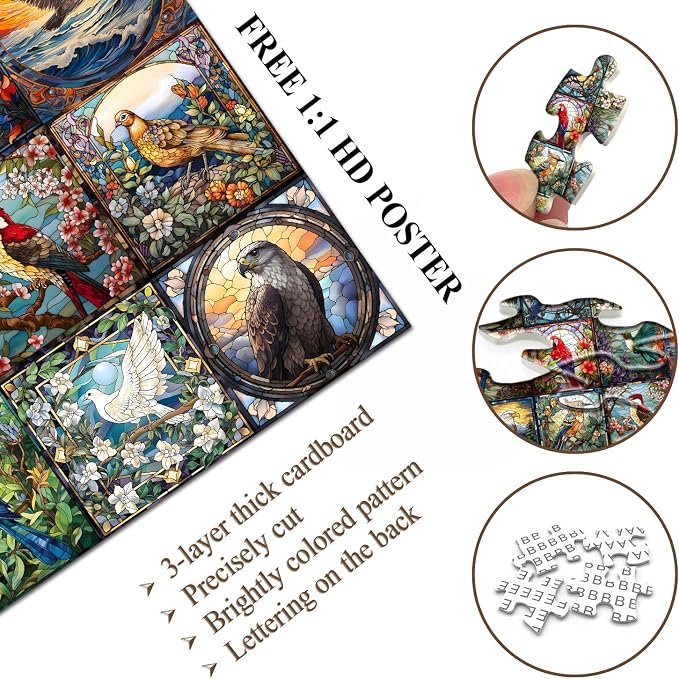 Stained Glass Puzzles for Adults 1000 Pieces, Bird Puzzles for Adults Flower with Cardinal Bird Parrot Hummingbird, Impossible Hard Challenging Jigsaw Puzzles