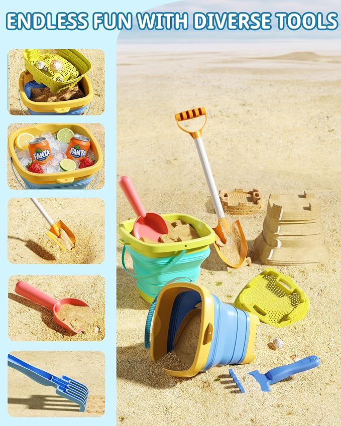 Beach Toys Set, 3 Collapsible Buckets, Detachable Large Pointed Sand Shovel, Flat Shovel, Rake, Scoop, Mesh Bag, Toddler Sandcastle Kit, Travel, Beach Party, Outdoor Summer Fun