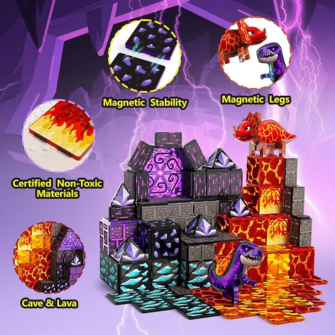 GobiDex Dinosaur Toys Magnetic Tiles Lava Cave Dinosaur World Set - Magnetic Building Blocks for Kids 3-5 5-7 Girls Boys Toys Age 4-6 6-8, STEM Sensory Toddler Birthday Gifts for 3+ Year Old Kids Toy