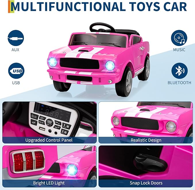Garvee Ride on Licensed Shelby GT350, 12V Ride on Toys for Toddlers with Remote Control, Licensed Ford Shelby Kids Electric Vehicle with Safety Belt, 2 Speeds, Headlight, Upgraded Panel, Pink