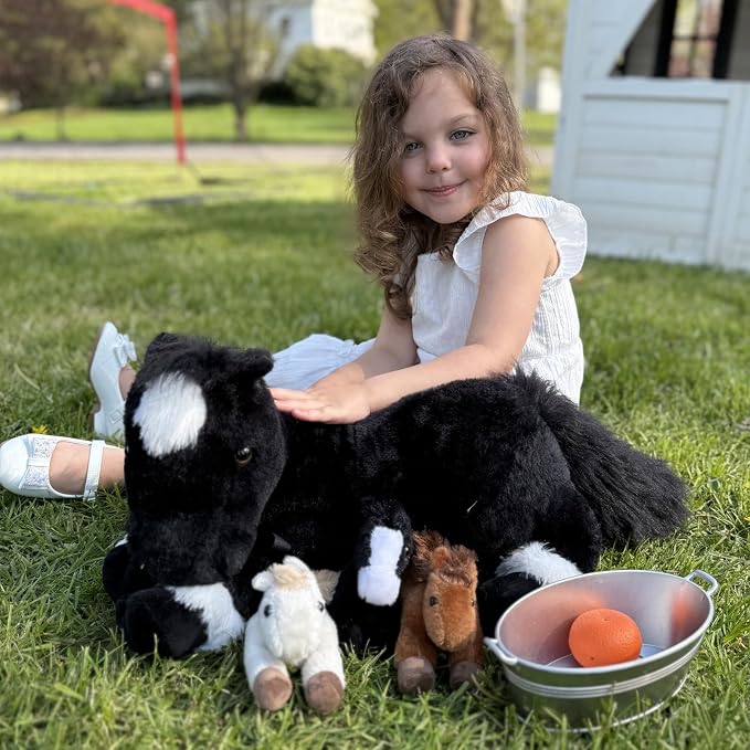 Tezituor 4-in-1 Horse Stuffed Animal Set, 18" Mommy Horse Plush with 3 Baby Pony Plushies Inside, Realistic Black Horse Plush Pillow, Soft Stuffed Pony Farm Gift for Girls Boys Kids