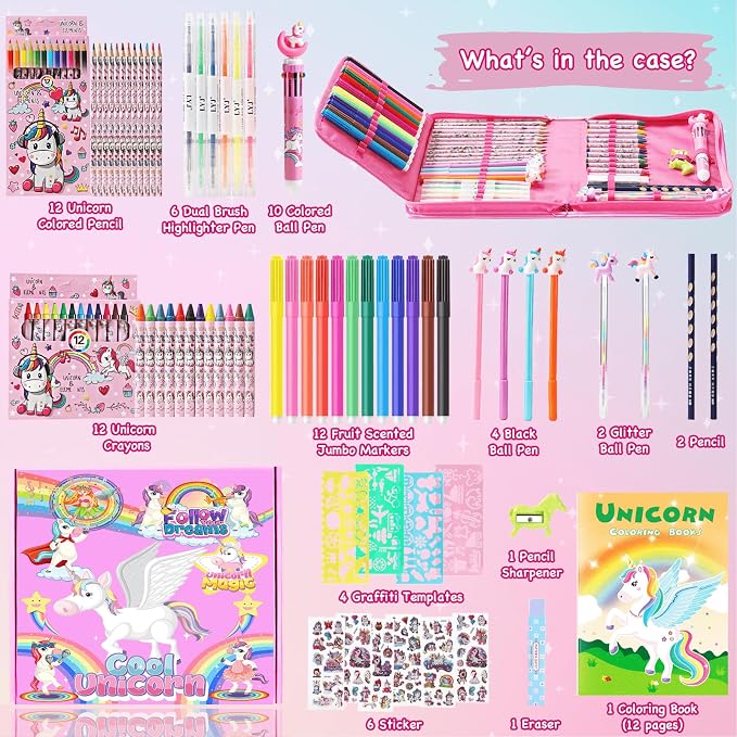 DOKKIA Fruit Scented Coloring Pens Markers Set 65 PCS Art Craft Drawing Case - Washable Kits Pencil,Gel Pen,Crayon&Coloring Book Supplies Pink Unicorn Rainbow