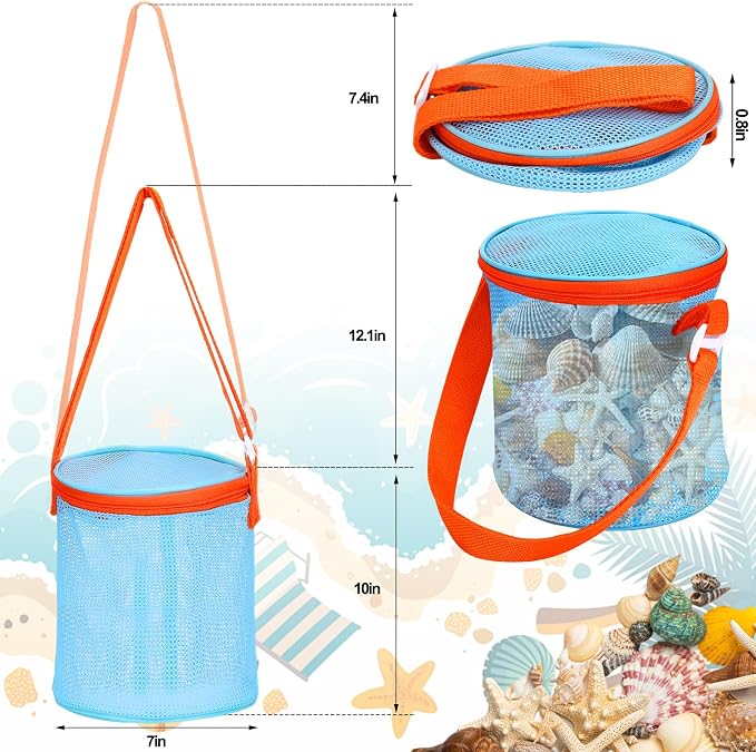 Vodolo Sea Shell Bags for Beach,2PCS Large Mesh Seashell Holder for Adults,Shelling Collecting Tools Travel Sand Toys Storage Bucket for Sandbox,Beach Vacation Essentials,Beach Must Haves Toy Bag