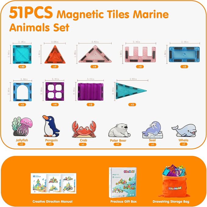 Magnetic Tiles Marine Animals 51PCS, STEM Toys Magnet Building 3D Blocks for Kids Ages 3 4 5 6 7 8, Toddler Construction Stacking Tiles Toys Gifts for Boys Girls 3+