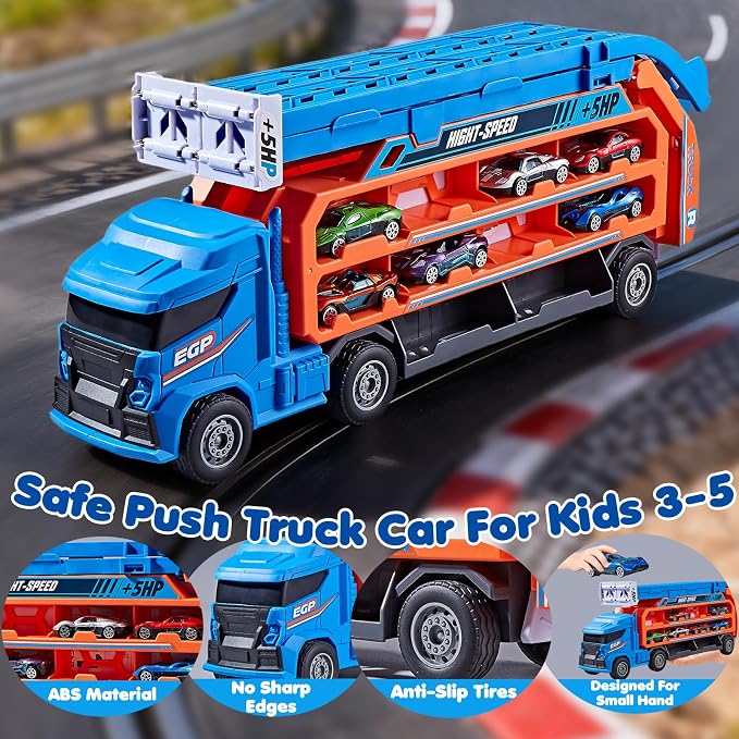 Race Track Truck Toys for 3 4 5 6 Years Old Kids - Carrier Truck Transport Car with 6 Die-Cast Cars Toys, 4-in-1 Truck with 2 Foldable Race Tracks, Christmas Birthday Gifts Toy for Toddler Boys, Blue
