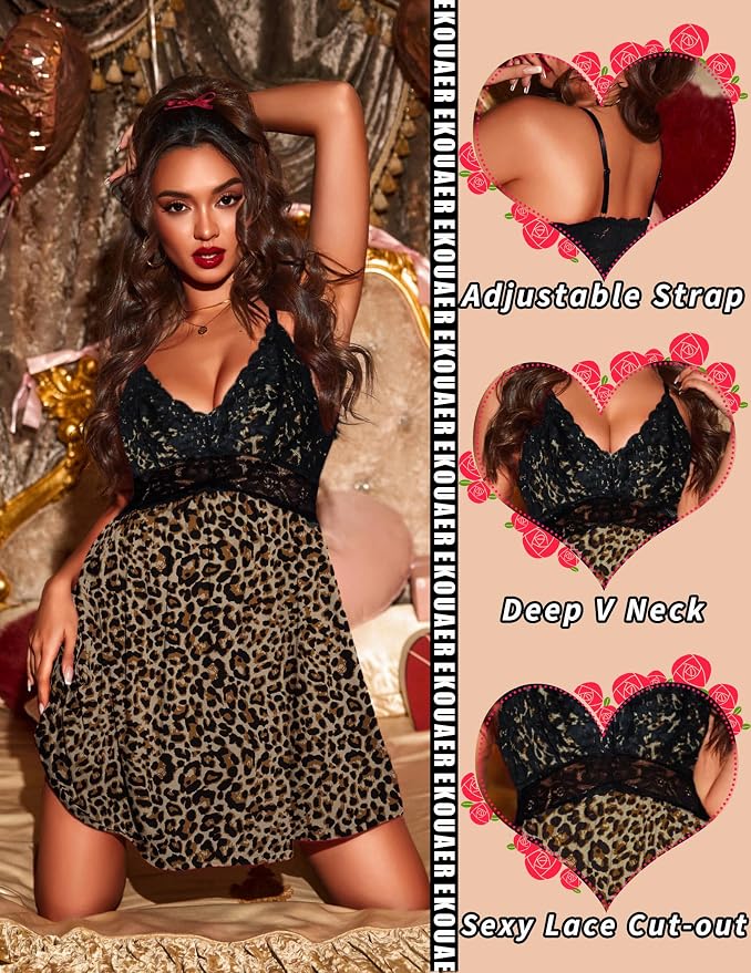 Ekouaer Lingerie for Women Sexy Nightgown Lace Trim Sleep Dress Chemise Nightgowns Sleeveless Night Gown Sleepwear S-3XL