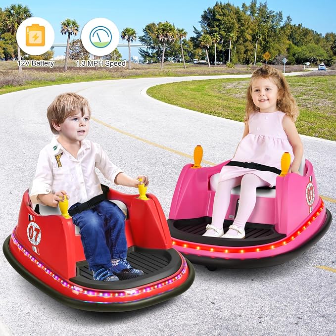 Costzon Bumper Car for Kids, 12V Electric Toddler Bumping Car with Remote Control, Dual Joysticks, 360 Spin, Music, Flashing Lights, Slow Star, Toddler Bumper Car Ride on Toy for Boys Girls Gift (Red)
